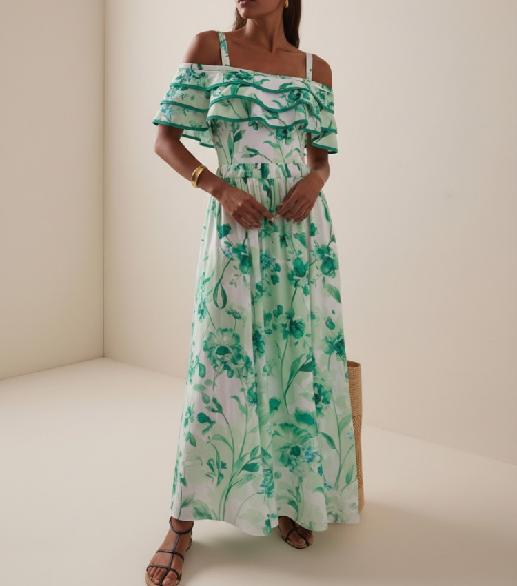 Green Loral Rint Tiered Ruffle Off-The-Shoulder Swimsuit Set(s)