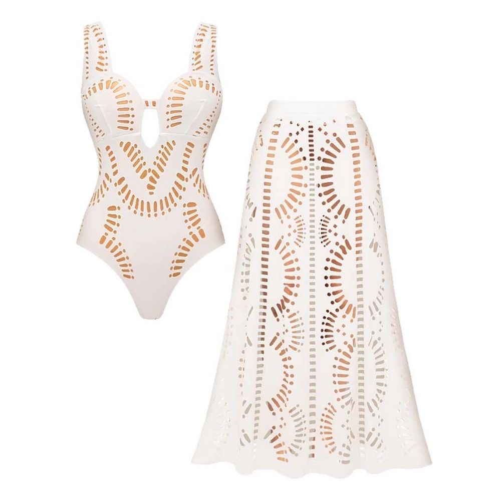 White Hollow Out One Piece Swimsuit and Skirt