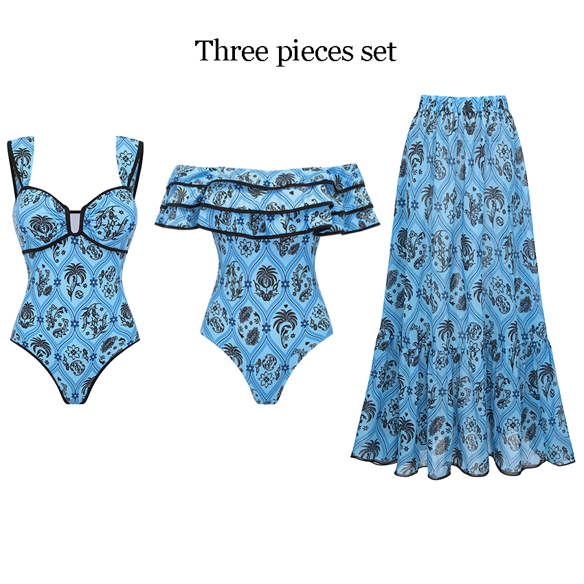 [Copy][Copy][Copy]One Shoulder Color Block Rhombus-patterned Trim Swimsuit Set(s)