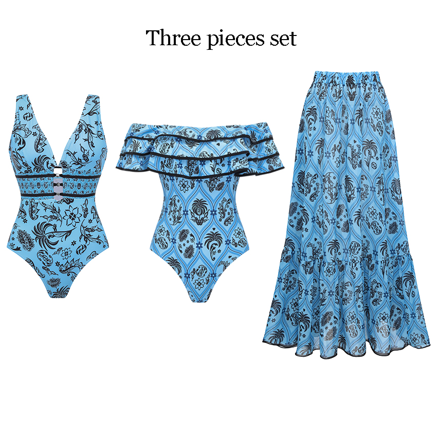 [Copy]One Shoulder Color Block Rhombus-patterned Trim Swimsuit Set(s)