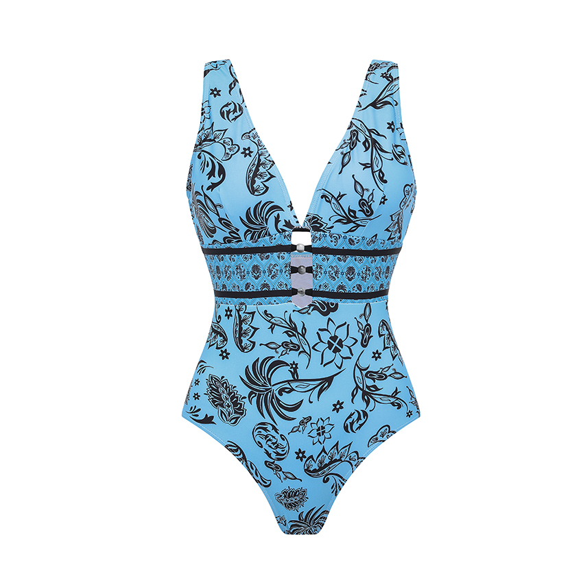 [Copy]One Shoulder Color Block Rhombus-patterned Trim Swimsuit Set(s)