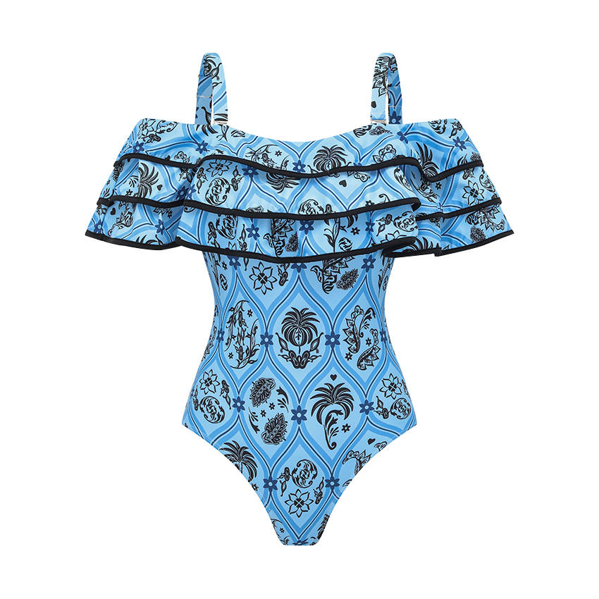 [Copy][Copy][Copy]One Shoulder Color Block Rhombus-patterned Trim Swimsuit Set(s)