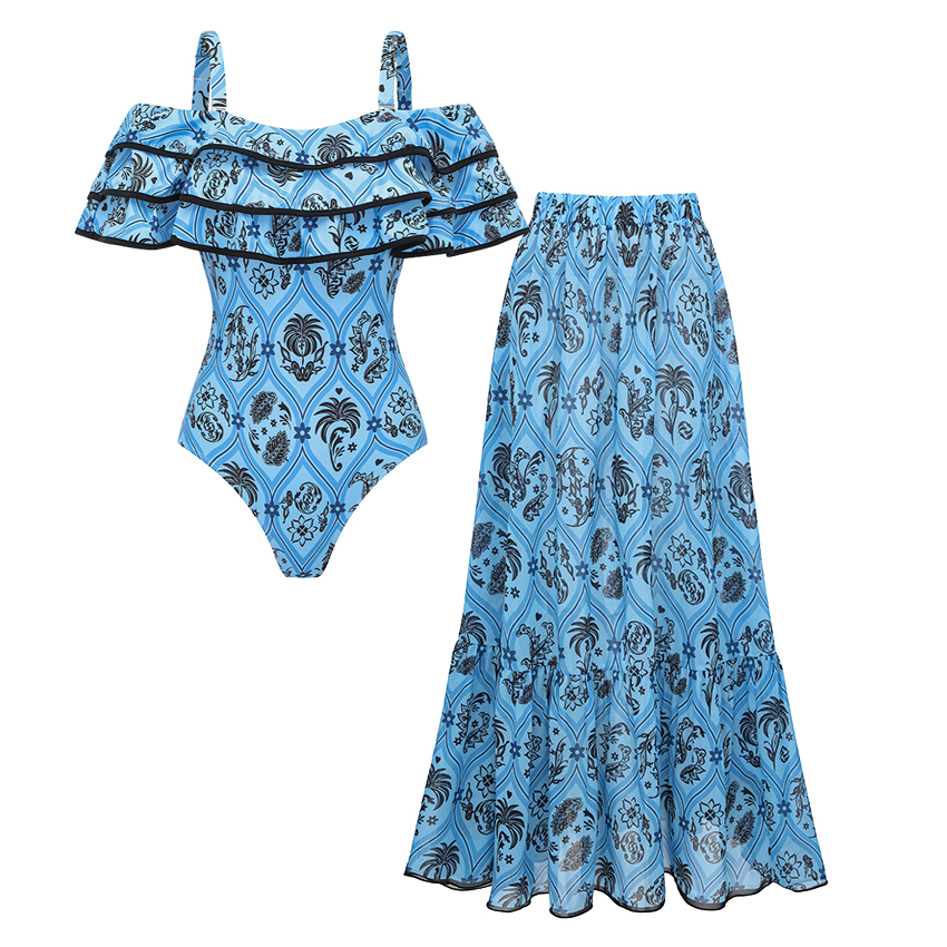 [Copy][Copy][Copy]One Shoulder Color Block Rhombus-patterned Trim Swimsuit Set(s)