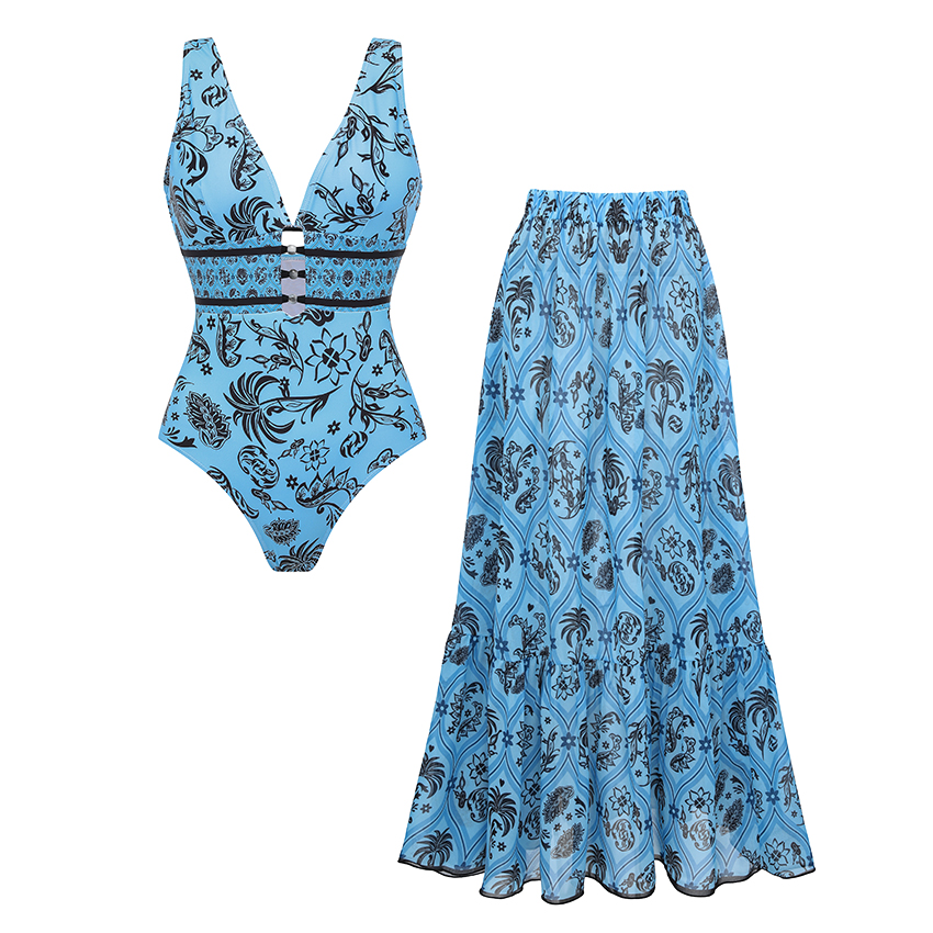 [Copy]One Shoulder Color Block Rhombus-patterned Trim Swimsuit Set(s)
