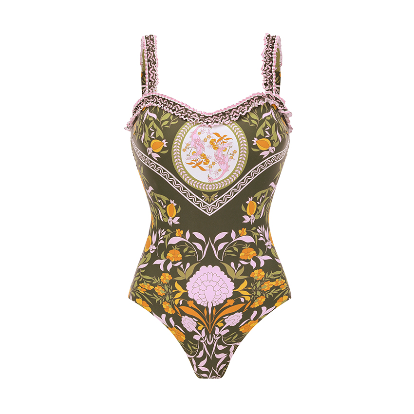[Copy][Copy][Copy][Copy]One Shoulder Color Block Rhombus-patterned Trim Swimsuit Set(s)
