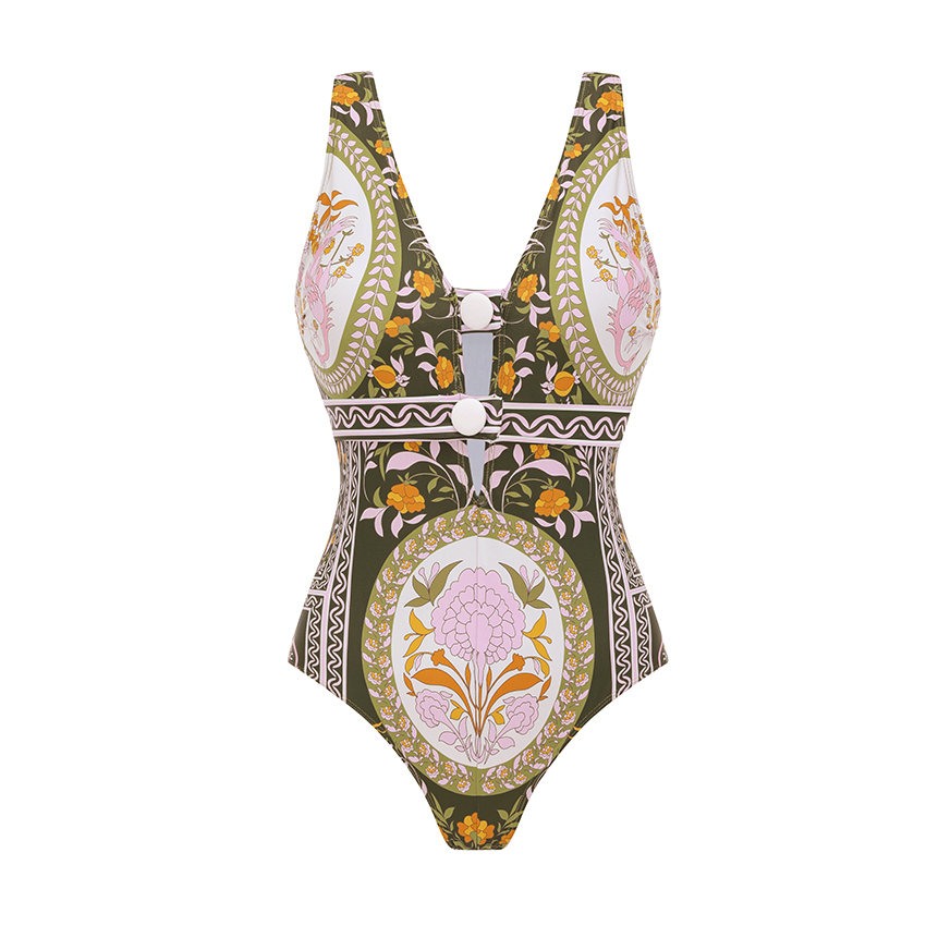 [Copy][Copy][Copy][Copy]One Shoulder Color Block Rhombus-patterned Trim Swimsuit Set(s)