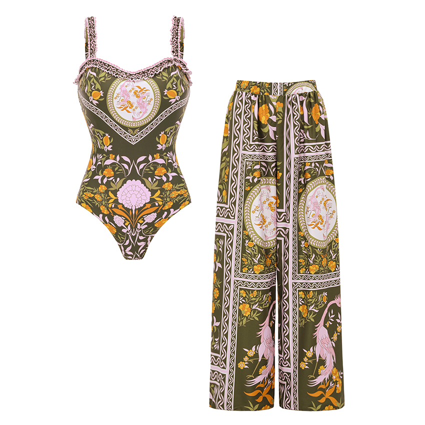 [Copy][Copy][Copy][Copy]One Shoulder Color Block Rhombus-patterned Trim Swimsuit Set(s)