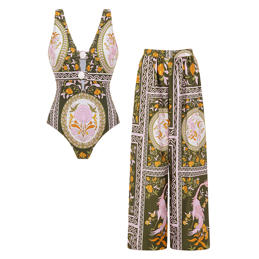 [Copy][Copy][Copy][Copy]One Shoulder Color Block Rhombus-patterned Trim Swimsuit Set(s)