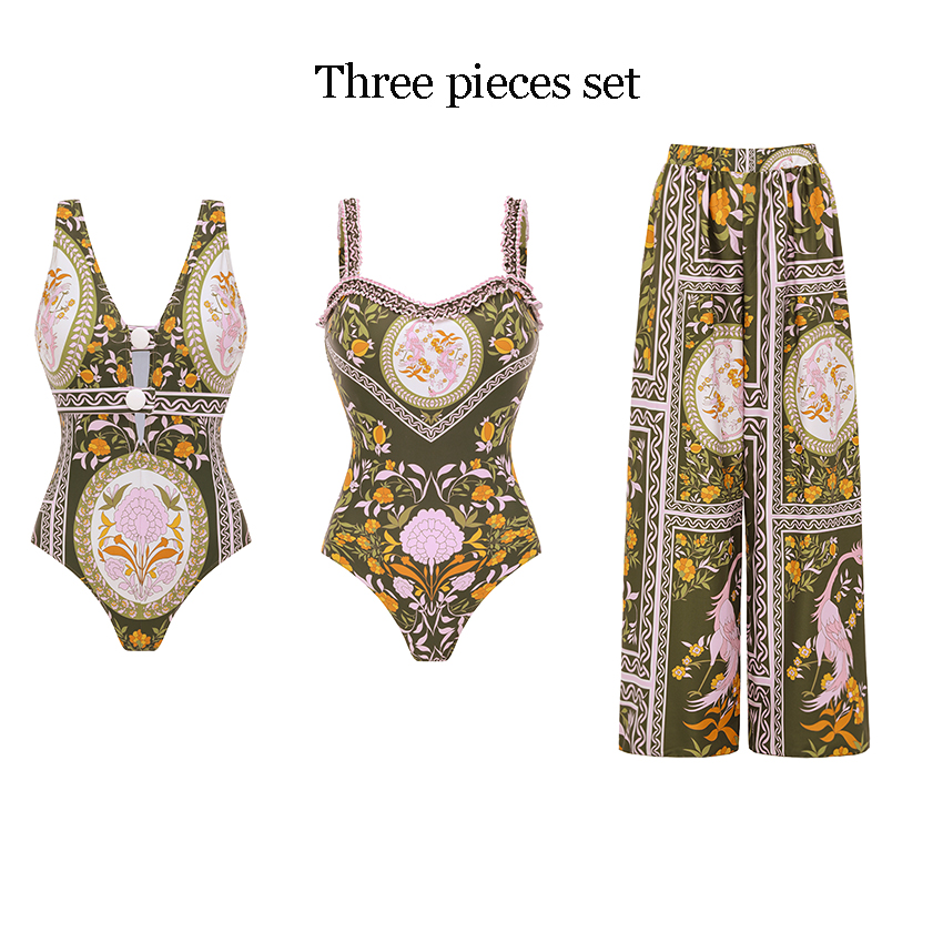 [Copy][Copy][Copy][Copy]One Shoulder Color Block Rhombus-patterned Trim Swimsuit Set(s)