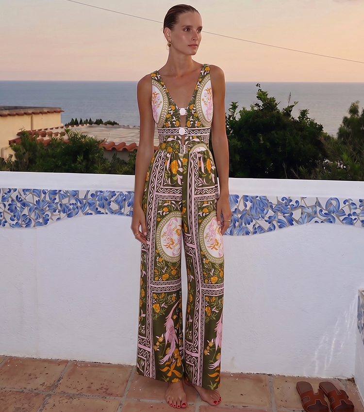 V Neck Retro Print Button Embellishment Swimsuit Set(s)