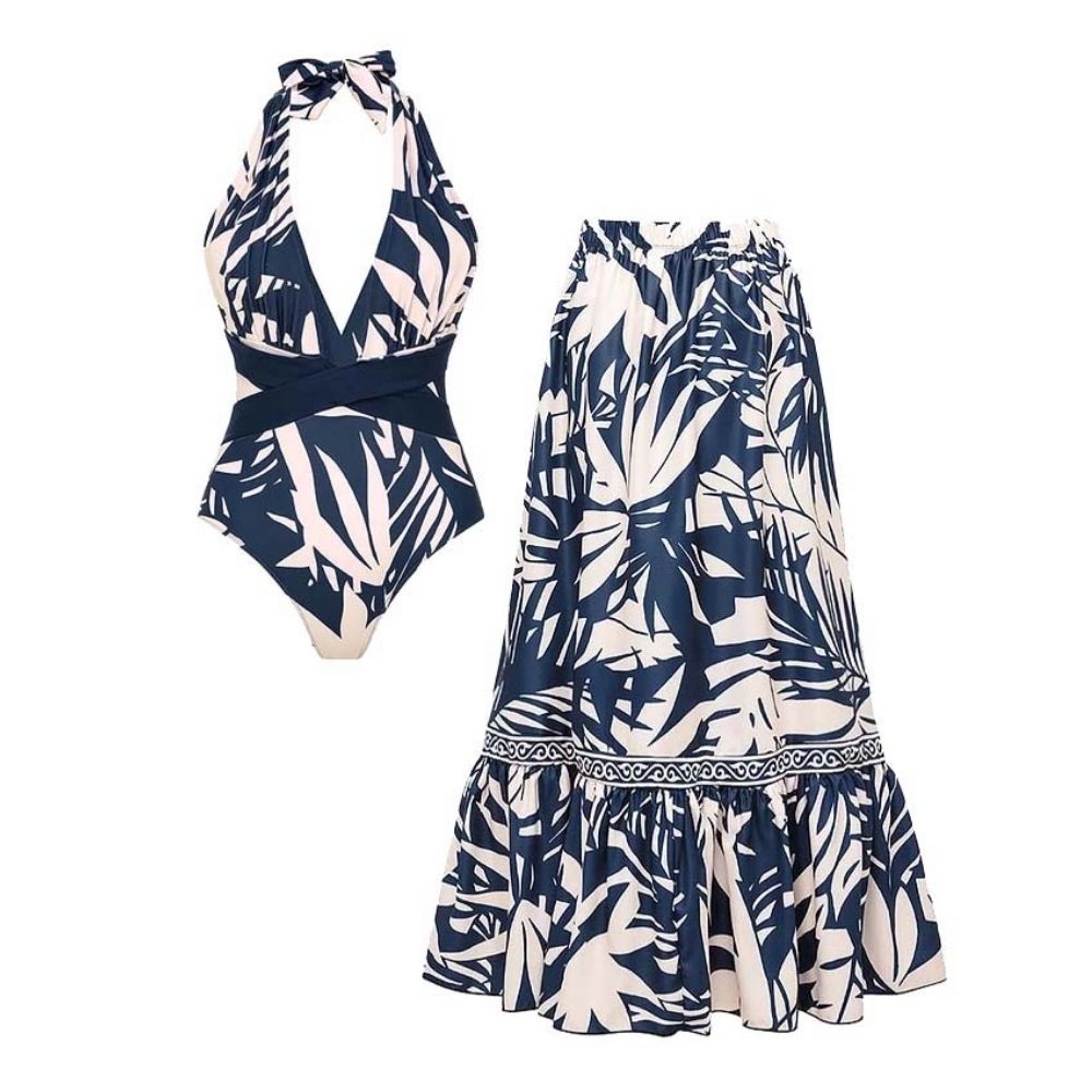 V Neck Leaves Print One Piece Swimsuit and Pants/Skirt