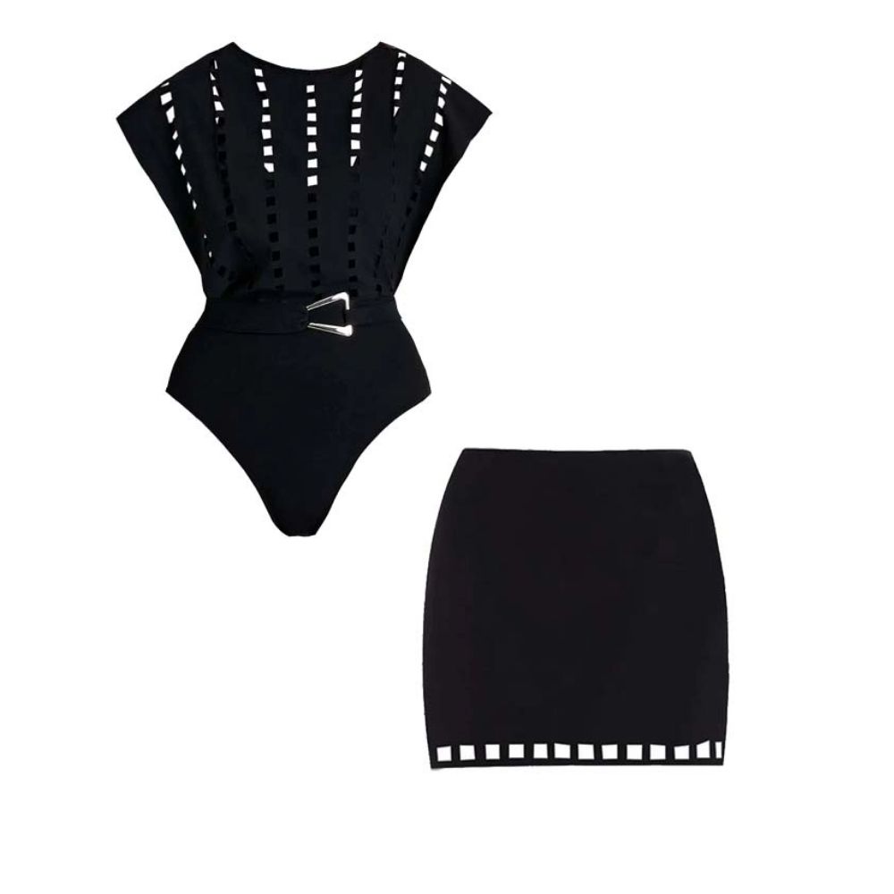 Black Hollow Design One Piece Swimsuit and Skirt