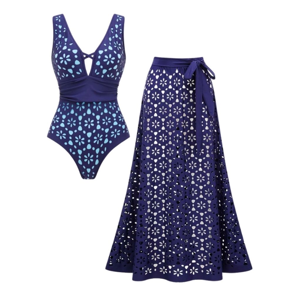 Hollow Out One Piece Swimsuit and Skirt