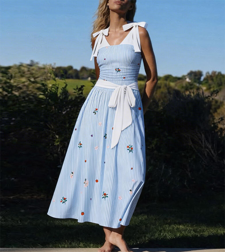 Tie-shoulder Blue Stripes Swimsuit Set(s)