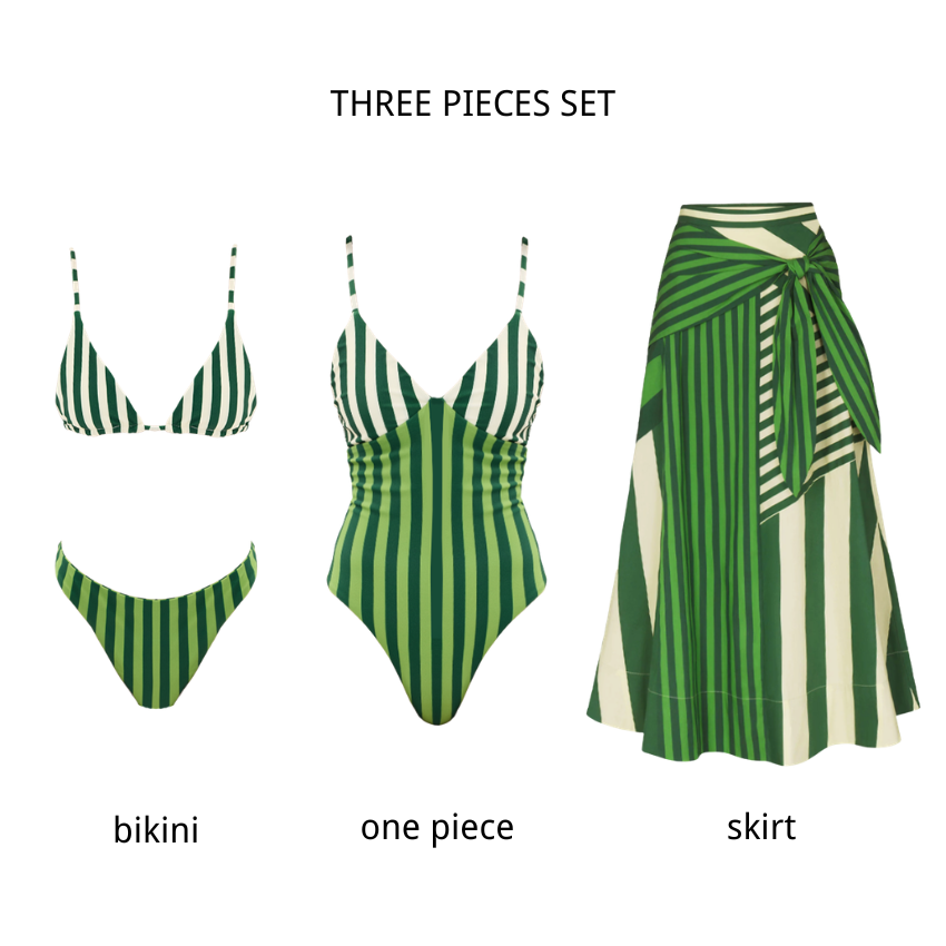 Drawstring Green and White Striped Print Swimsuit Set(s)