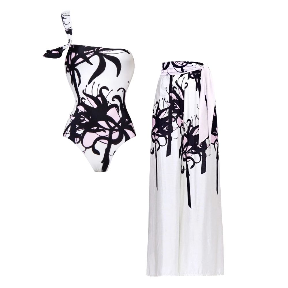 One Shoulder Black and White Blossom Print One Piece Swimsuit and Pants