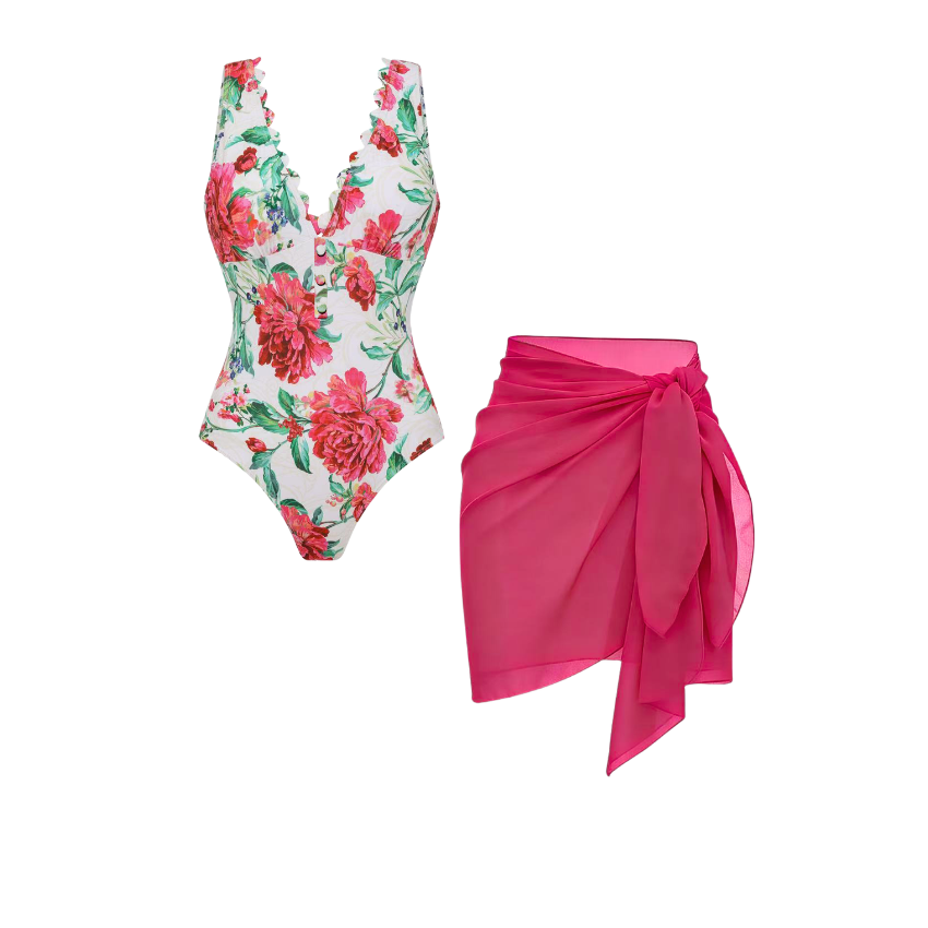 Color-Blocked Blooming Flower Print Swimsuit Set(s)