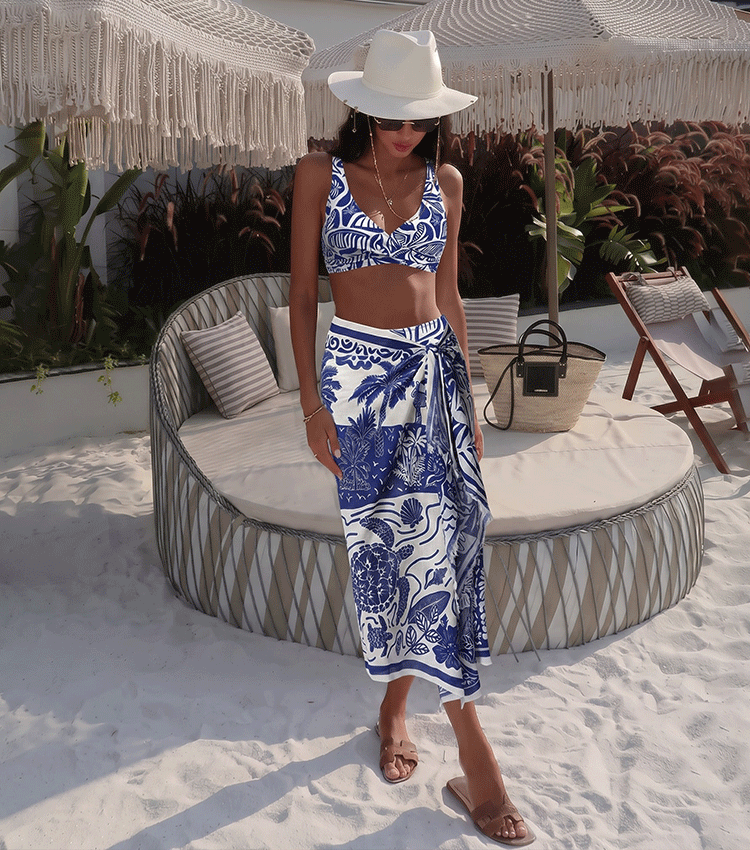 Push-Up Blue Leaves Print Bikini Swimsuit Set(s)