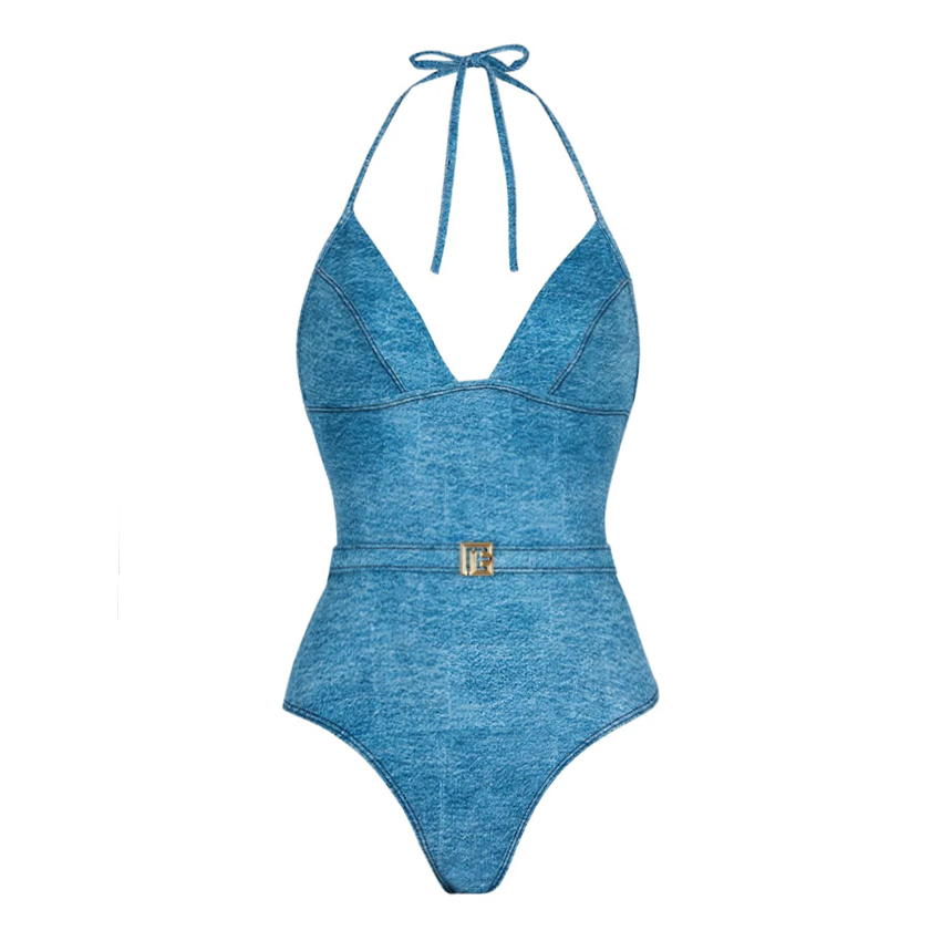 [Copy]V Neck Blue Printed Waist Cut Out Swimsuit Set(s)