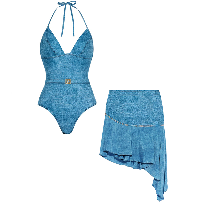 [Copy]V Neck Blue Printed Waist Cut Out Swimsuit Set(s)