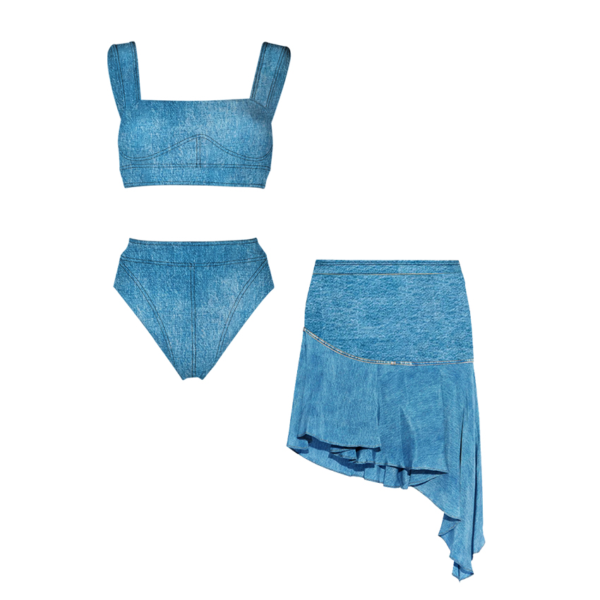 [Copy][Copy]V Neck Blue Printed Waist Cut Out Swimsuit Set(s)