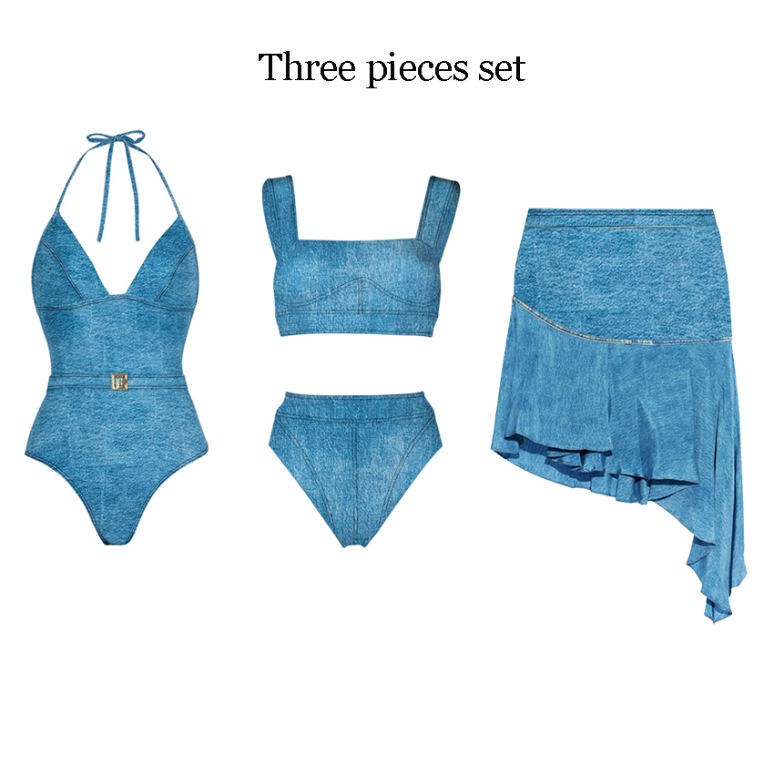 [Copy]V Neck Blue Printed Waist Cut Out Swimsuit Set(s)