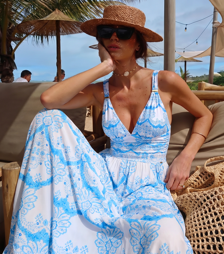 V Neck Blue Printed Tummy Control Swimsuit Set(s)