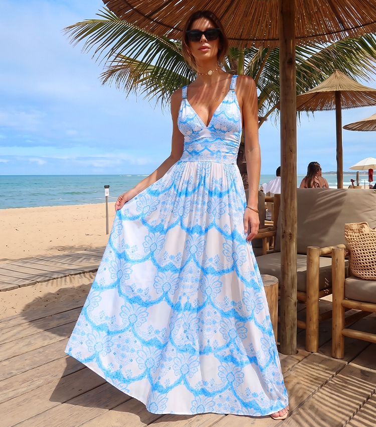 V Neck Blue Printed Tummy Control Swimsuit Set(s)
