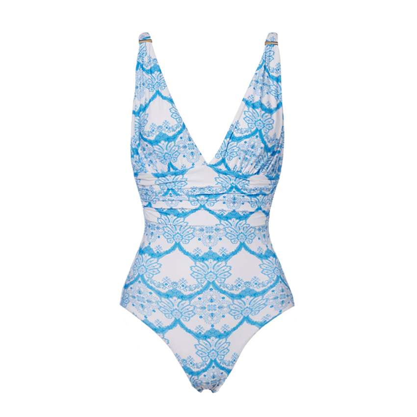 [Copy][Copy][Copy]V Neck Blue Printed Waist Cut Out Swimsuit Set(s)