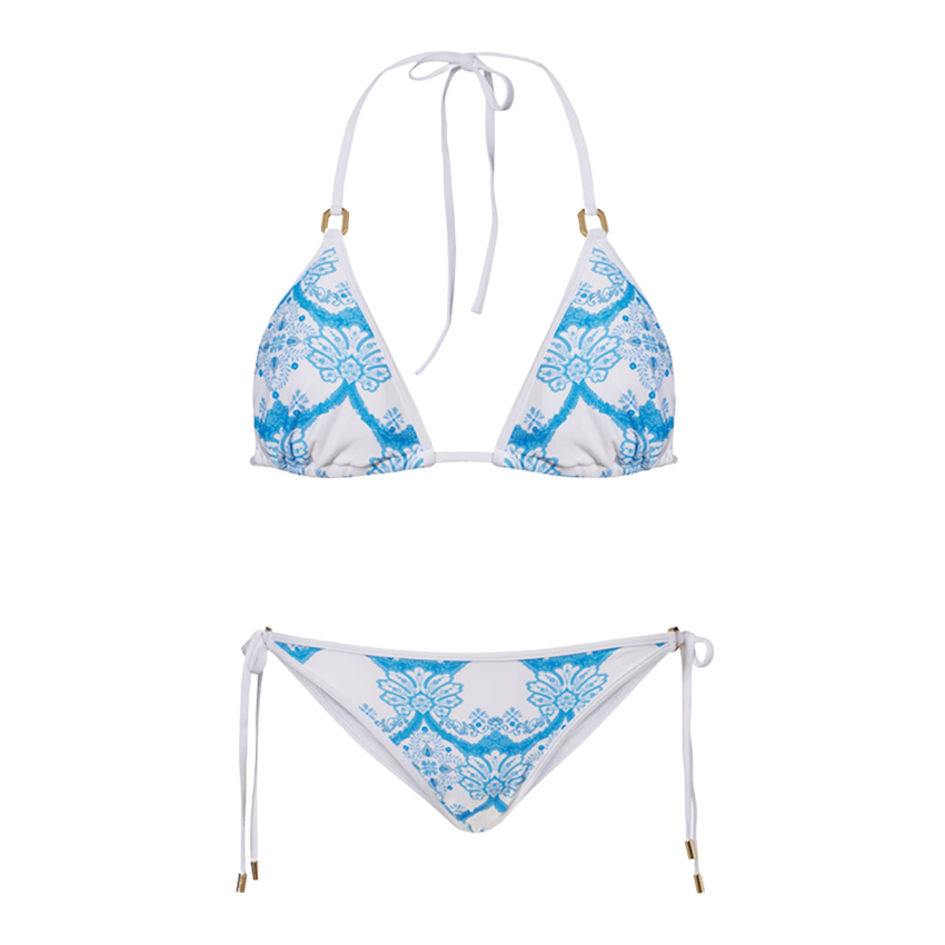 [Copy][Copy][Copy][Copy]V Neck Blue Printed Waist Cut Out Swimsuit Set(s)
