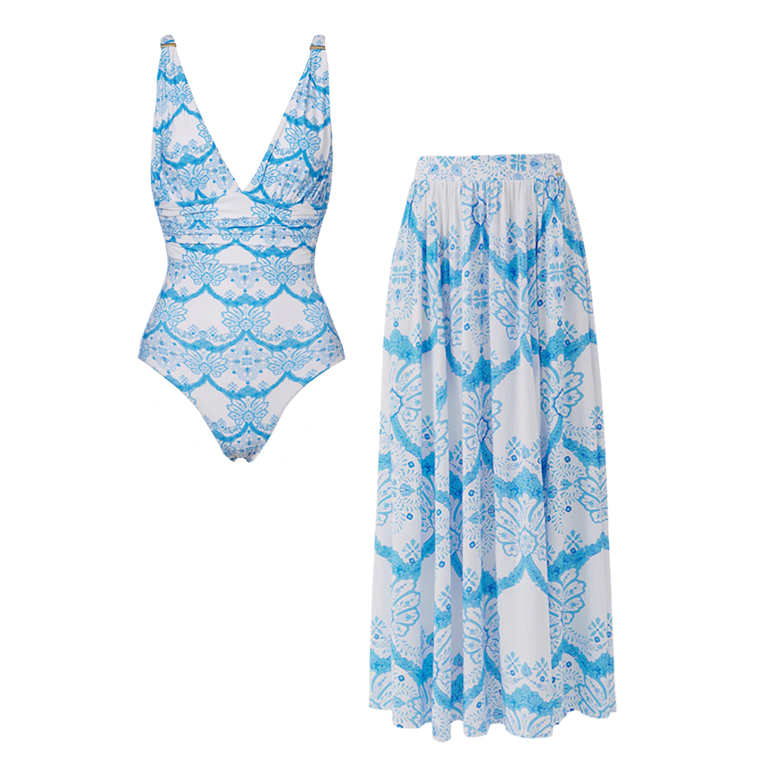 [Copy][Copy][Copy]V Neck Blue Printed Waist Cut Out Swimsuit Set(s)