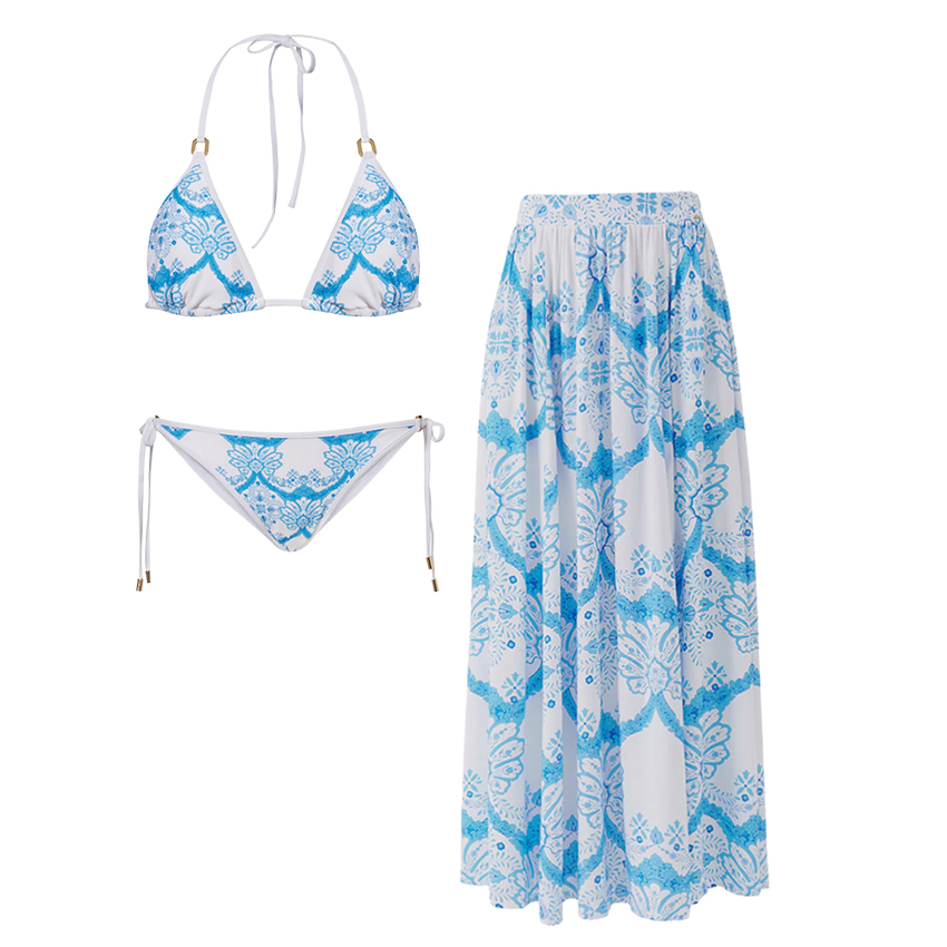 [Copy][Copy][Copy][Copy]V Neck Blue Printed Waist Cut Out Swimsuit Set(s)