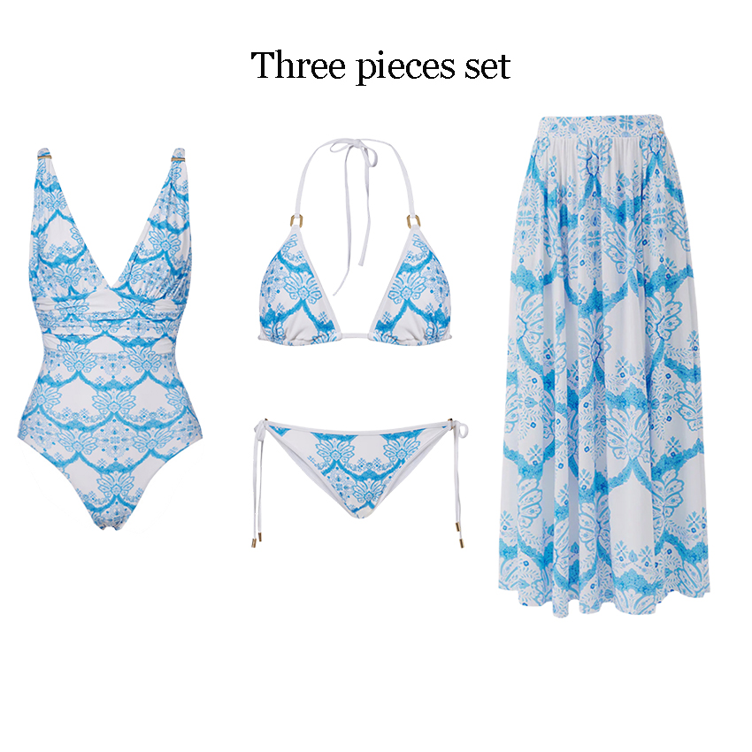 [Copy][Copy][Copy][Copy]V Neck Blue Printed Waist Cut Out Swimsuit Set(s)