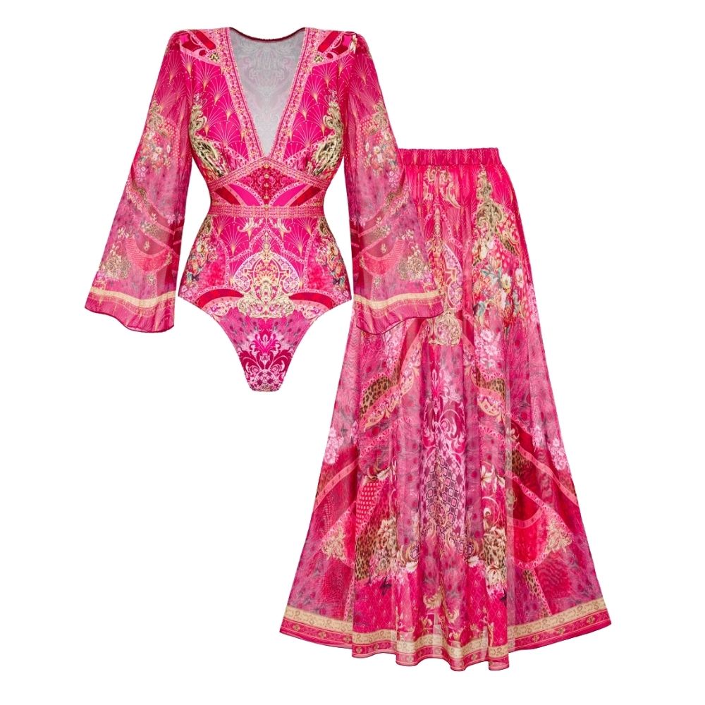 Long-sleeved Rose Red Blooming Flower Print One Piece Swimsuit and Skirt