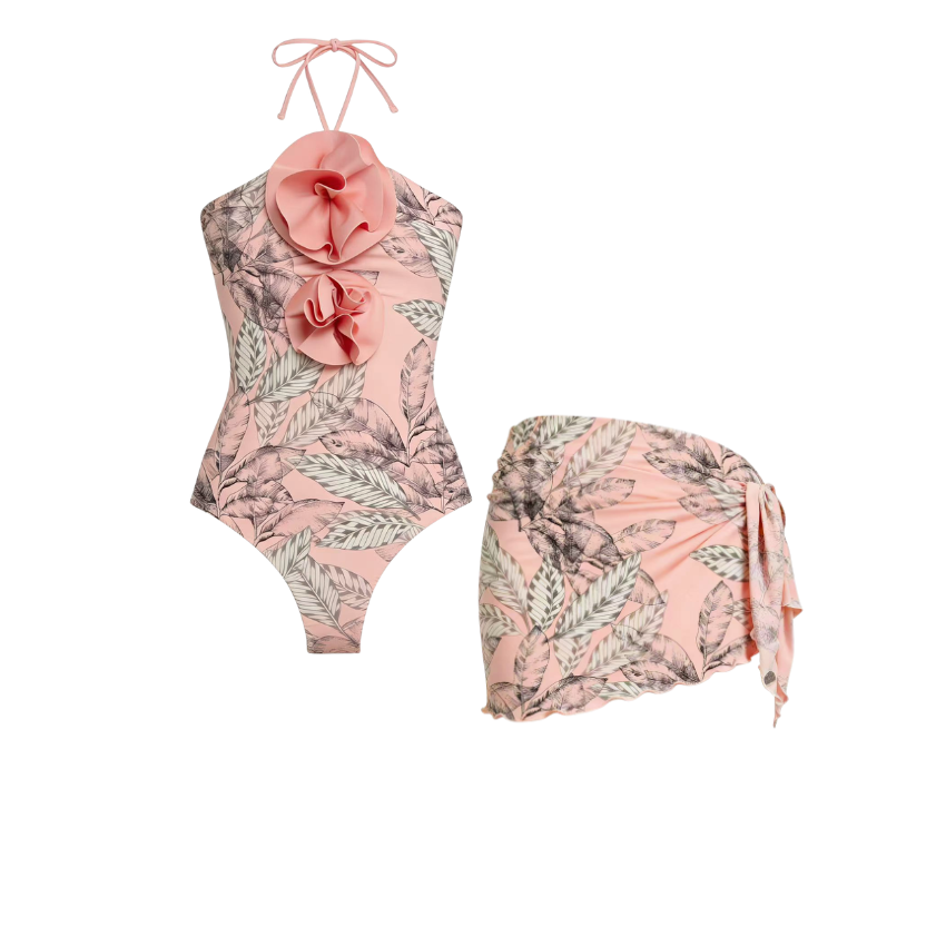 [Copy]Color-Blocked Blooming Flower Print Swimsuit Set(s)