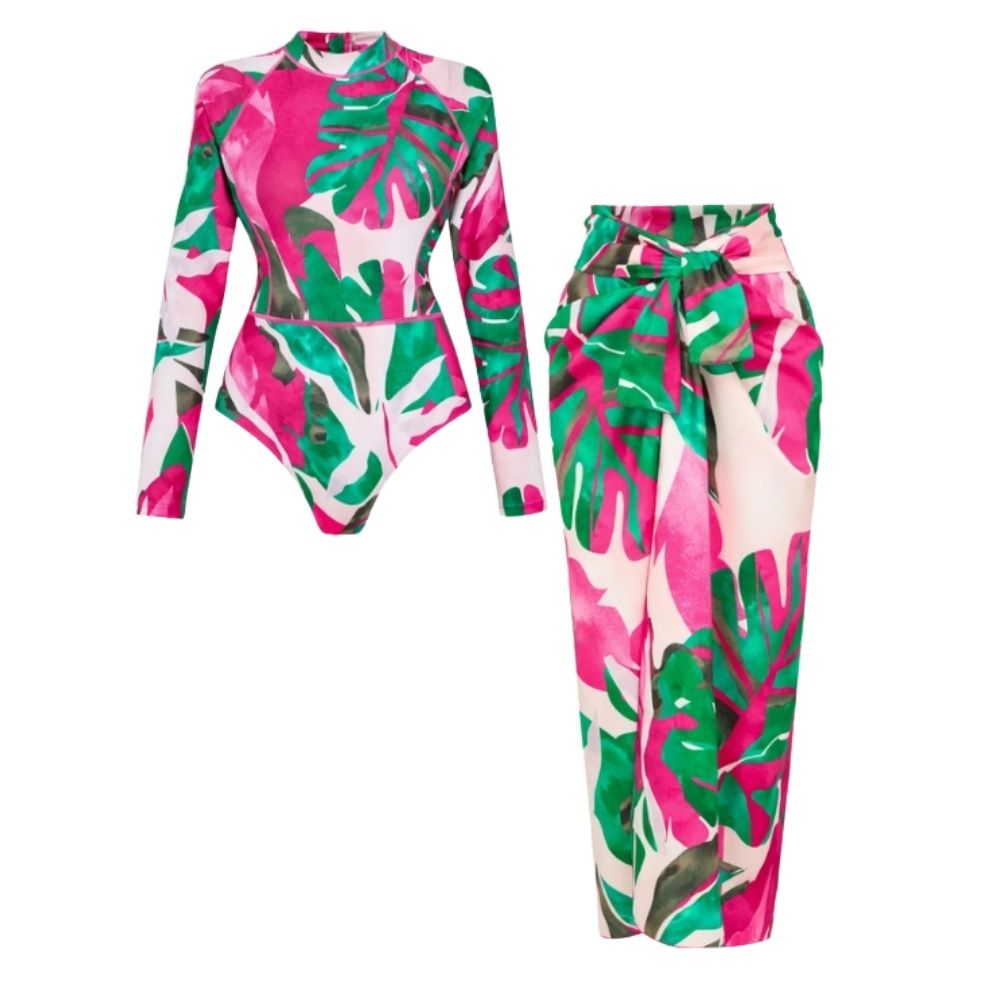 Abstract Rose Red Contrast Print Long sleeve  One Piece Swimsuit and Skirt