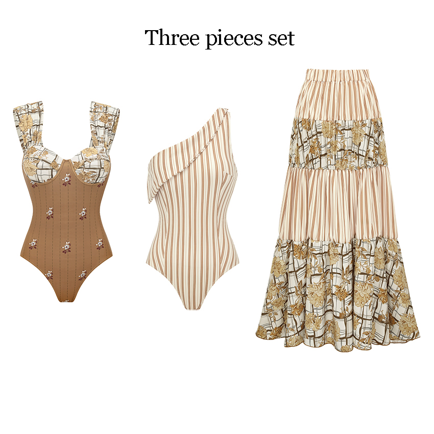One Shoulder Stripe Printed Swimsuit Set(s)