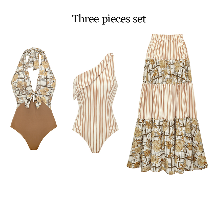 Halter Neck Color Block Printed Bow Swimsuit Set(s)