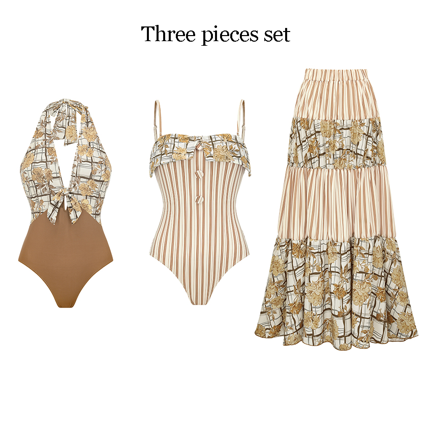 Bandeau Printed Button Embellishment Swimsuit Set(s)