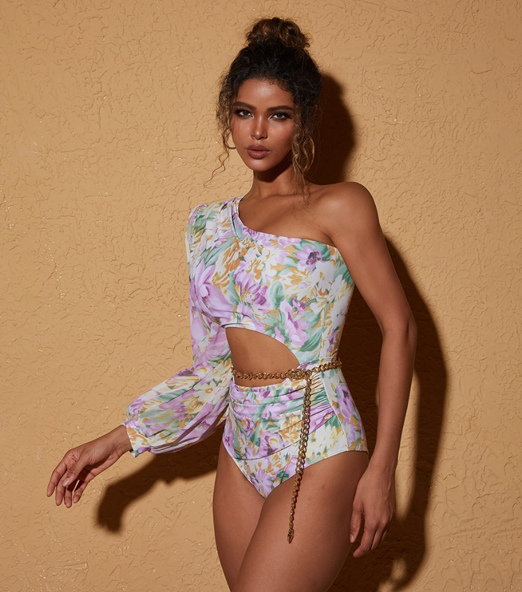 One Shoulder Cut out Blossom Printed One Piece Swimsuit and skirt Flaxmaker