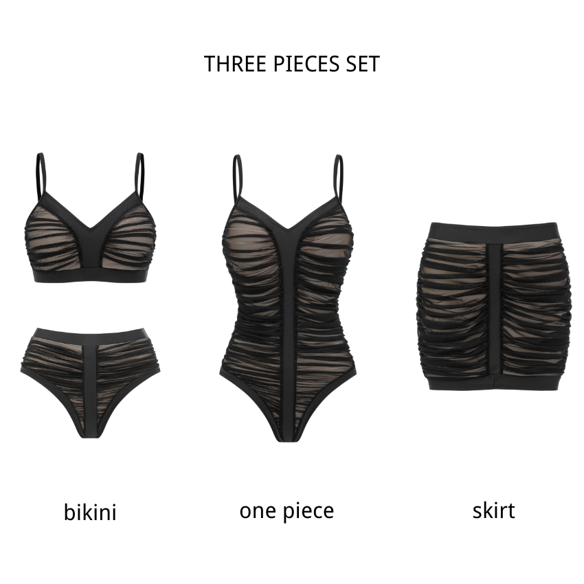 Black Mesh Fabric Ruched Swimsuit Set(s)