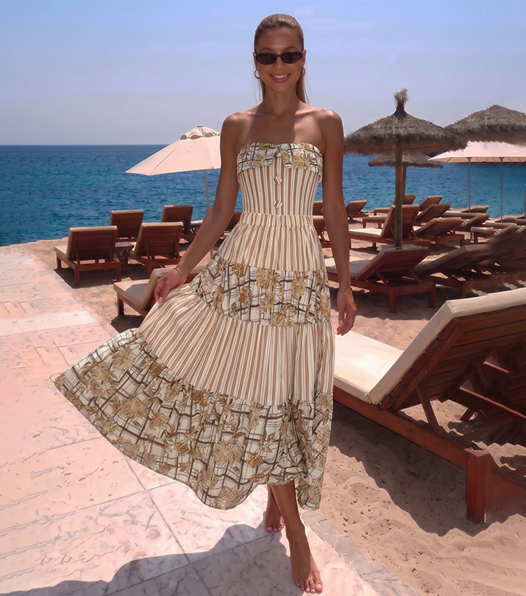 Bandeau Printed Button Embellishment Swimsuit Set(s)