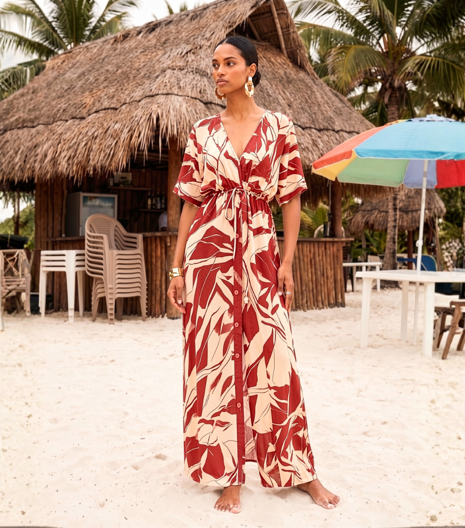 Red Abstract Wrap Maxi Dress