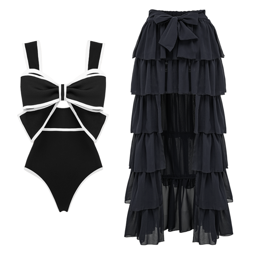 Black and White Bow Decor One Piece Swimsuit and Skirt Flaxmaker
