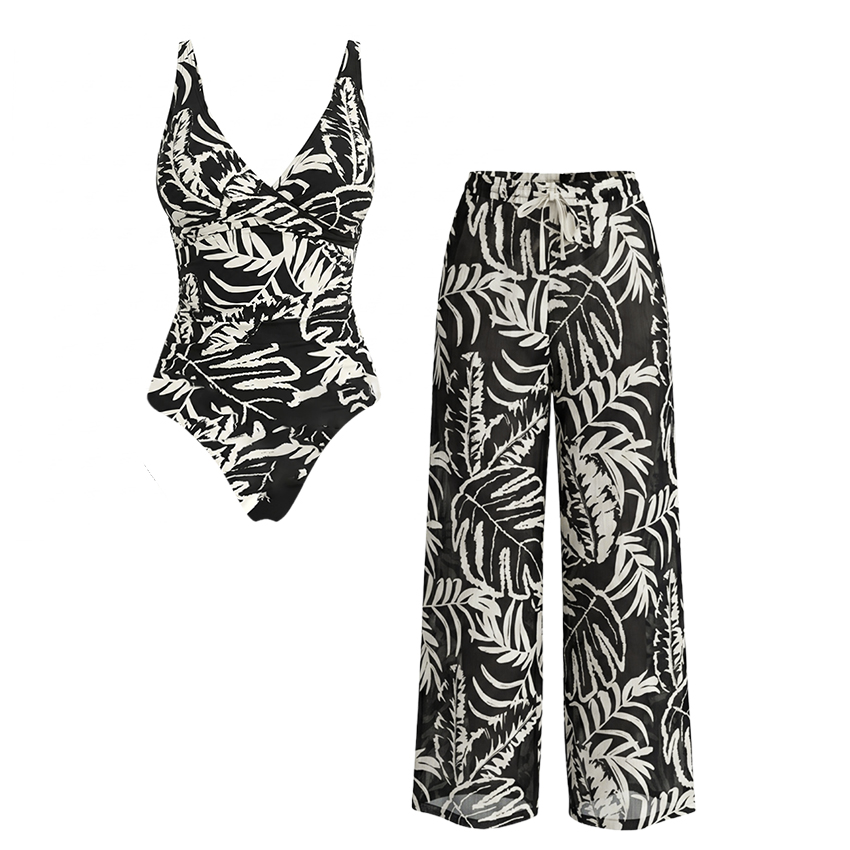V Neck Leaf Print Tummy Control Swimsuit Set(s)