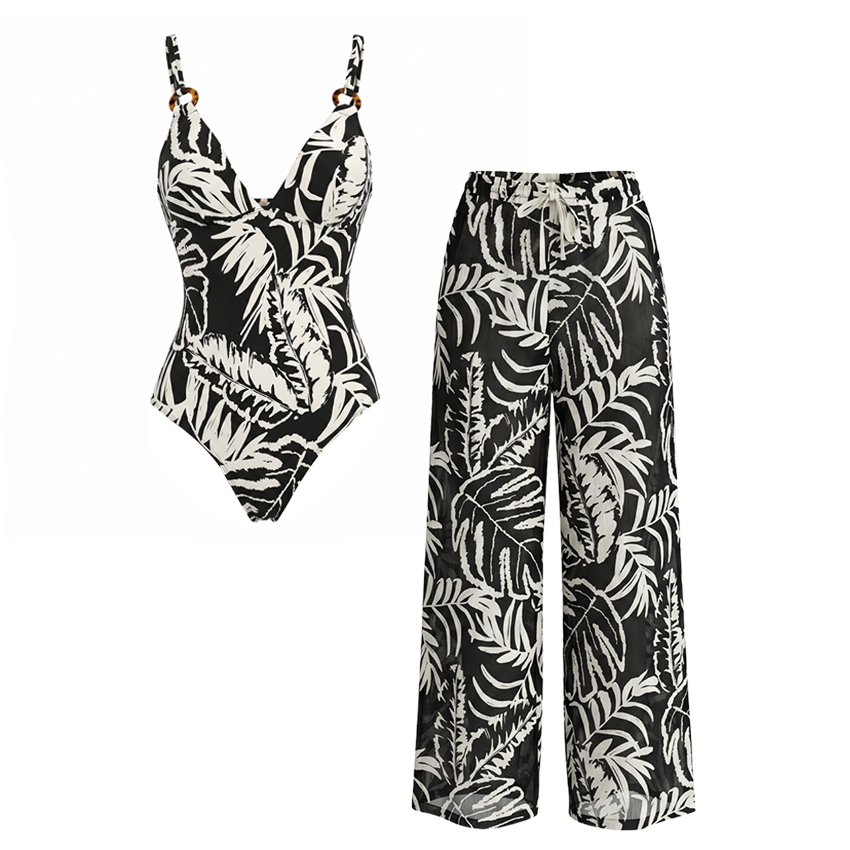 Sling O-ring Leaf print Swimsuit Set(s)