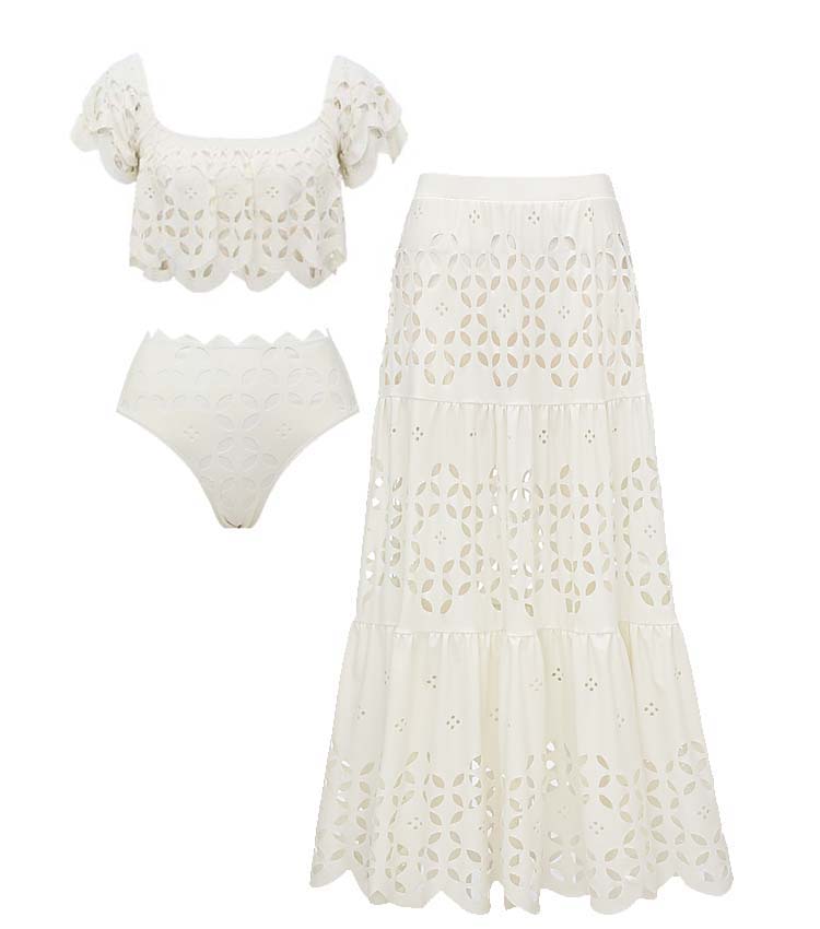 White Laser Hollowing Bikini Swimsuit and Skirt