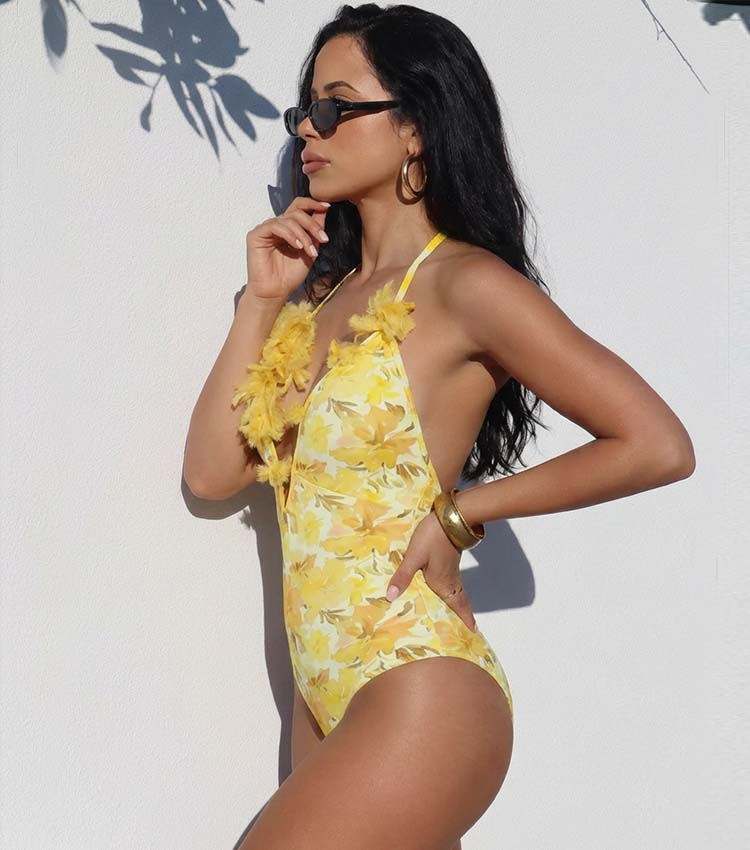 Appliques Yellow Lily Floral Print One Piece Swimsuit and Skirt
