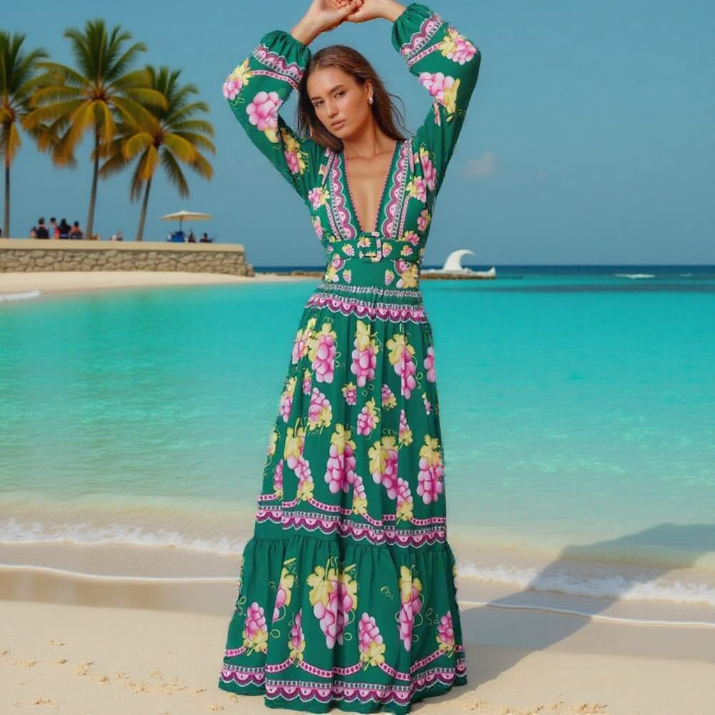 Long-sleeved Retro Green Grapes Print One Piece Swimsuit and Skirt