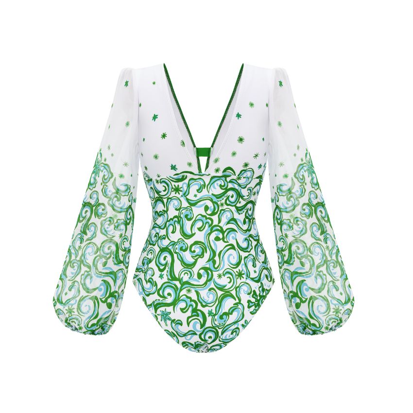 V Neck Printed Long Sleeve Rashguard Swimsuit Set(s)